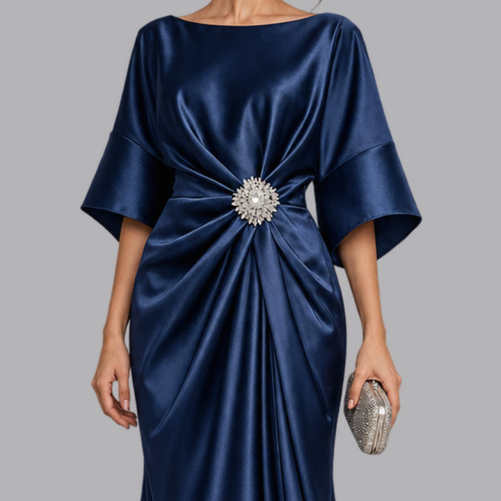 Women’s Satin Midi Dress Batwing Sleeves Embellished Waist Detail