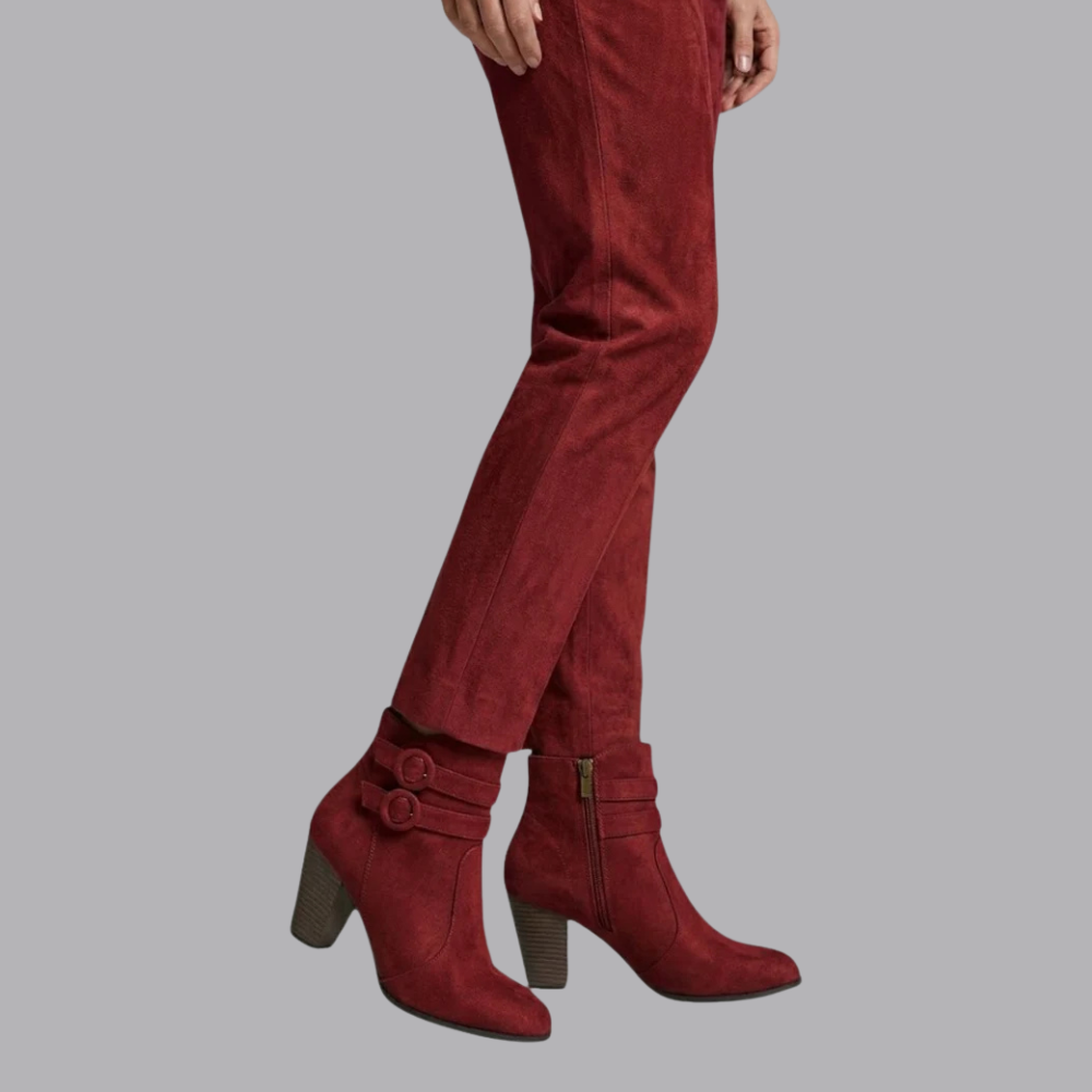 Women’s Ankle Boots Double Buckle Block Heel Side Zipper