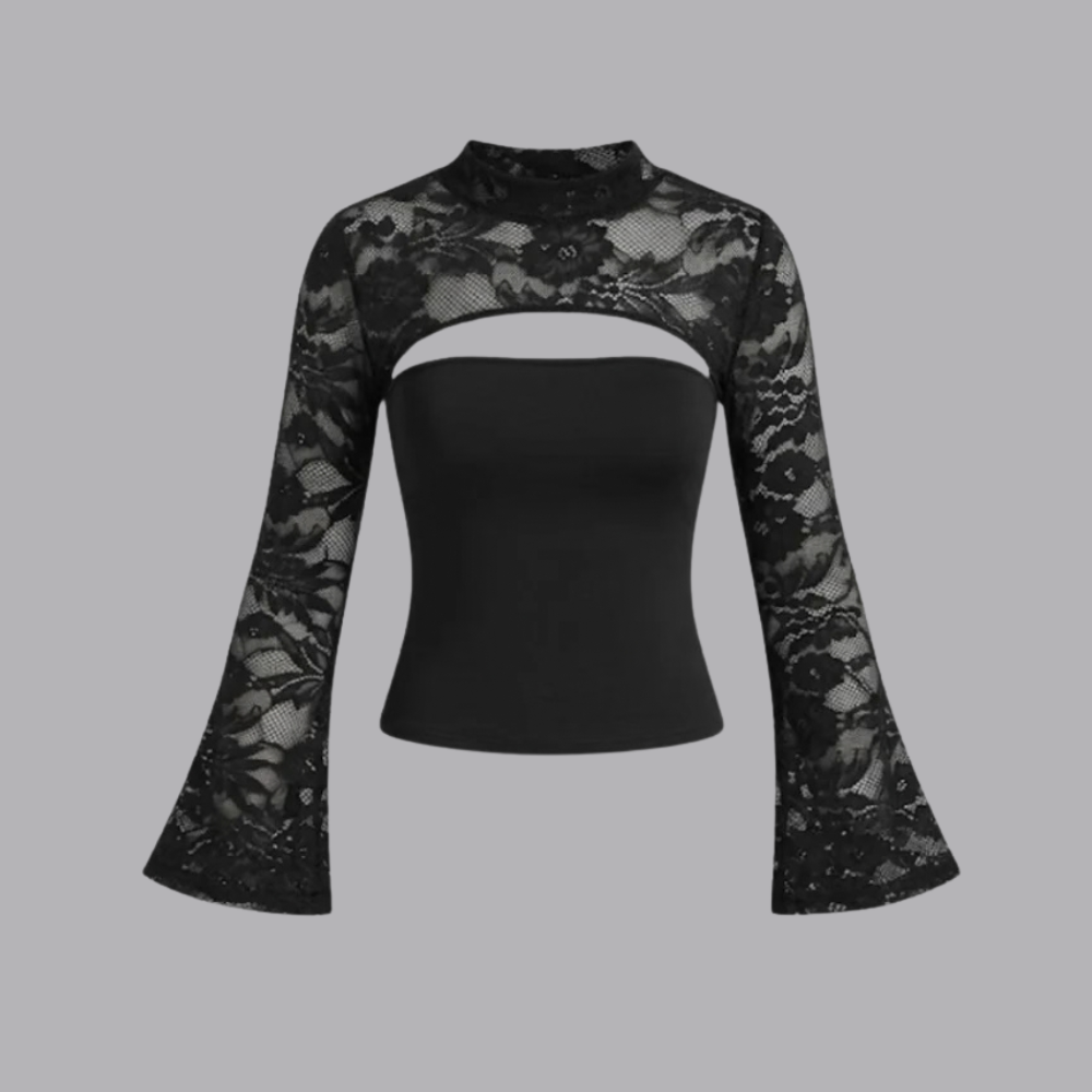 Women’s Black Lace Blouse High Neck Cut Out Long Sleeves