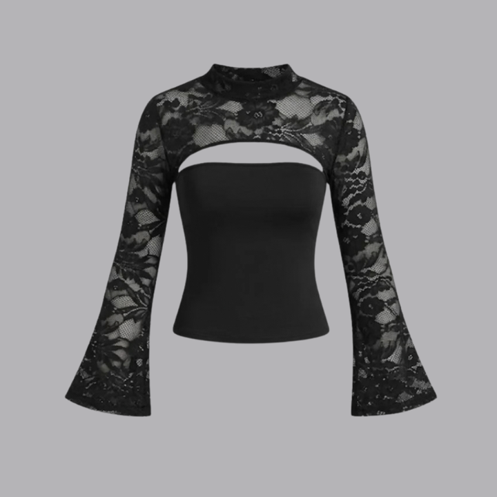Women’s Black Lace Blouse High Neck Cut Out Long Sleeves