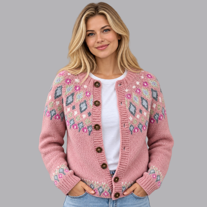Women’s Pink Fair Isle Knit Button Front Cardigan Sweater