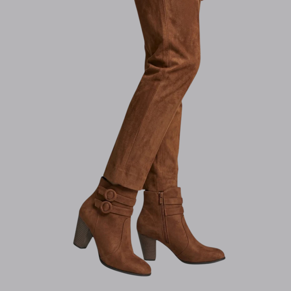 Women’s Ankle Boots Double Buckle Block Heel Side Zipper