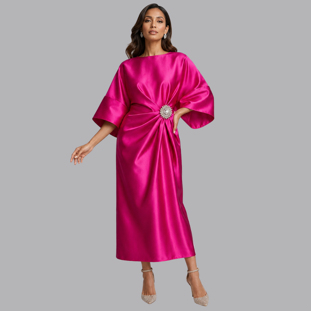 Women’s Satin Midi Dress Batwing Sleeves Embellished Waist Detail