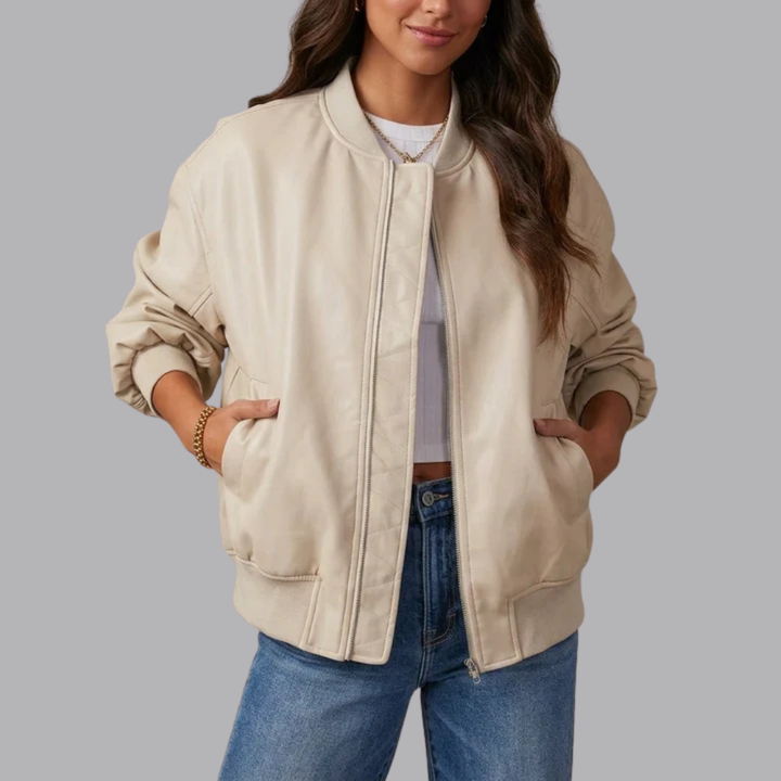 Women’s Faux Leather Bomber Jacket Ribbed Cuffs Zip Front