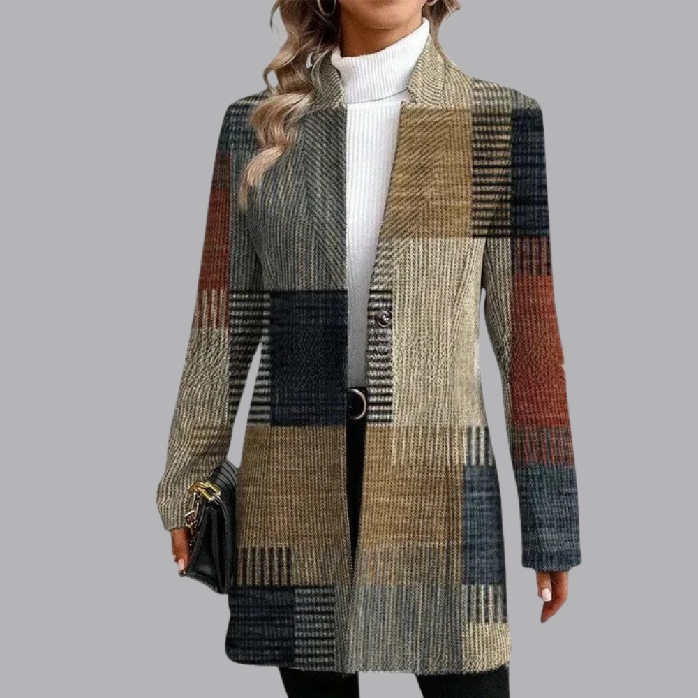 Women’s Plaid Long Coat Open Front Long Sleeve Checkered Jacket