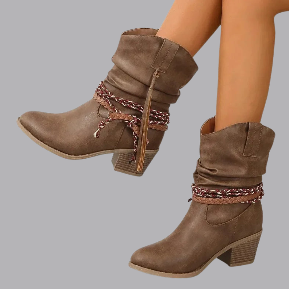 Women’s Slouchy Ankle Boots Chunky Heel Braided Tassel Detail