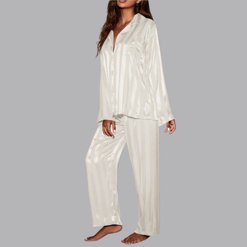 Women’s Satin Pajama Set Striped Long Sleeve &amp; Wide Leg Pants