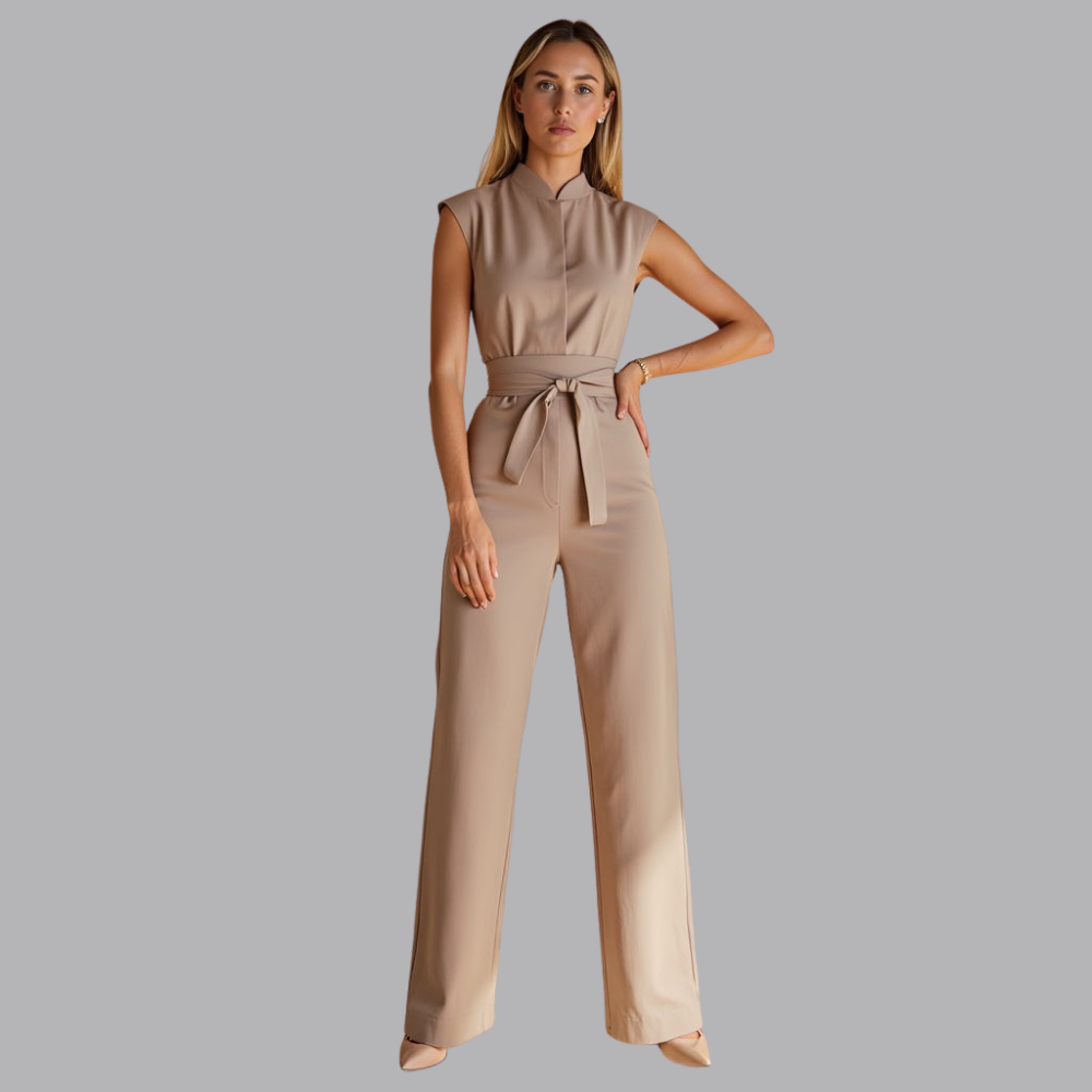 Women’s Sleeveless Jumpsuit High Neck Belted Wide Leg Trousers