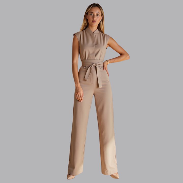 Women’s Sleeveless Jumpsuit High Neck Belted Wide Leg Trousers