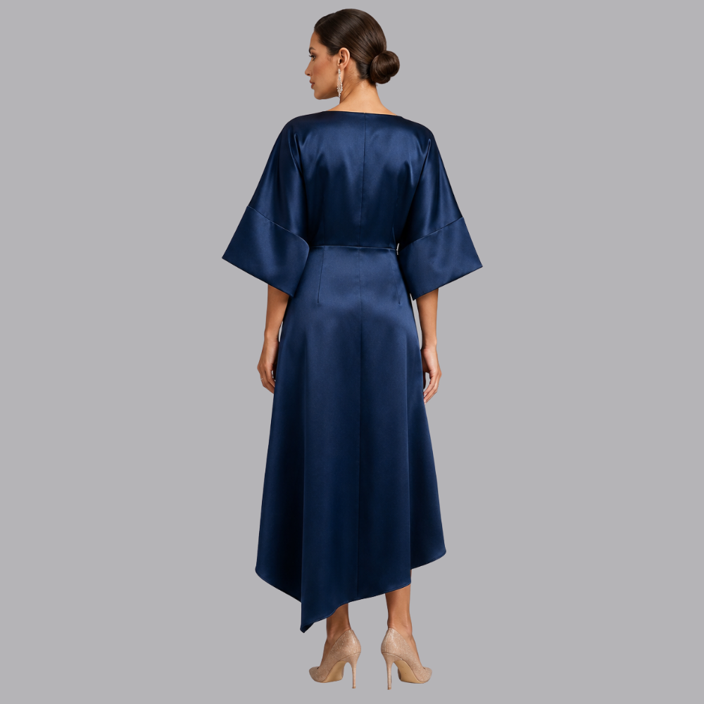 Women’s Satin Midi Dress Batwing Sleeves Embellished Waist Detail