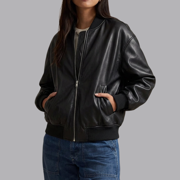 Women’s Faux Leather Bomber Jacket Ribbed Cuffs Zip Front