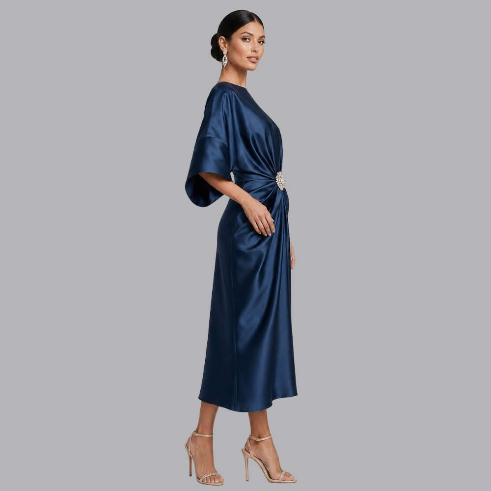 Women’s Satin Midi Dress Batwing Sleeves Embellished Waist Detail