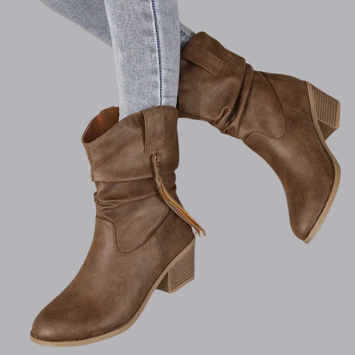 Women’s Slouchy Ankle Boots Chunky Heel Braided Tassel Detail