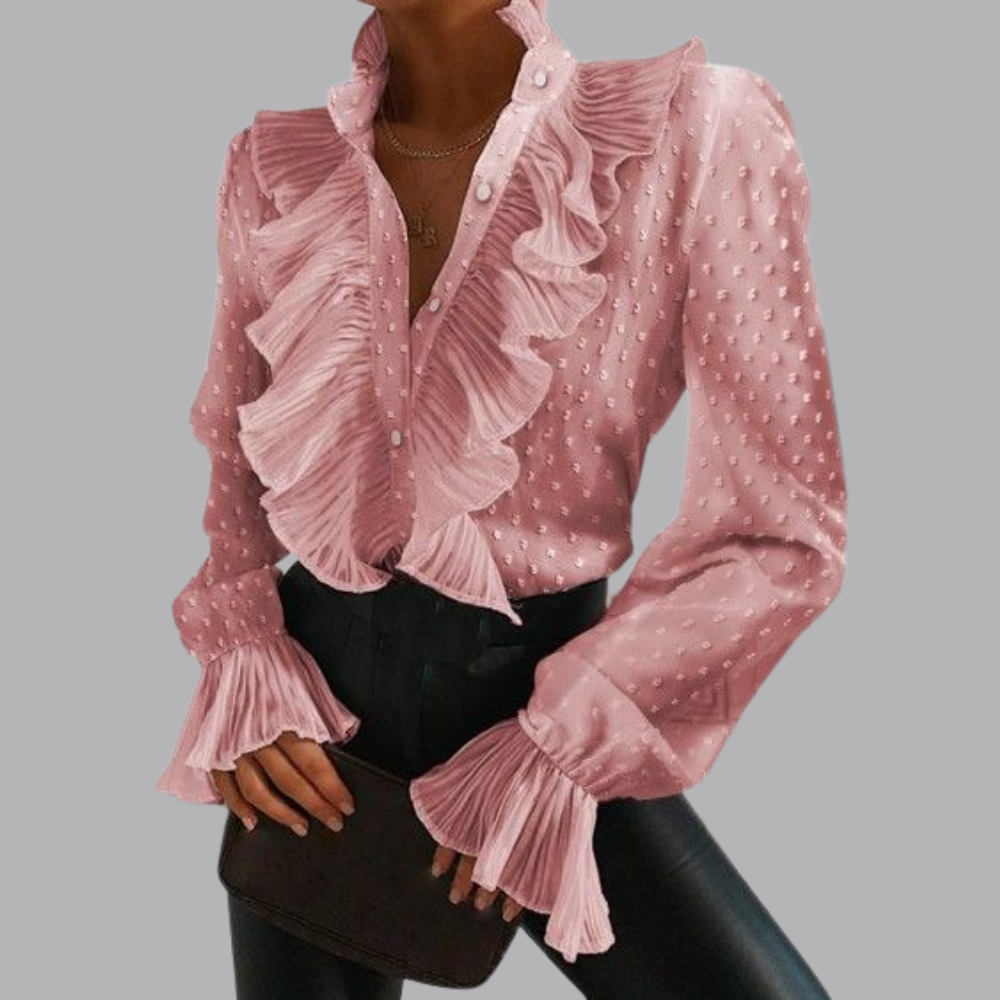 Women’s Pleated Ruffle Blouse Long Sleeve V Neck Top