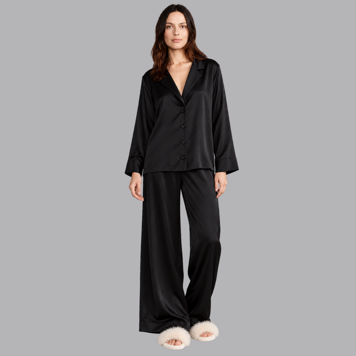 Women’s Satin Pajama Set Long Sleeve Top &amp; Wide Leg Trousers