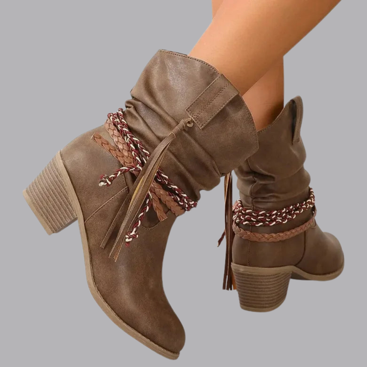 Women’s Slouchy Ankle Boots Chunky Heel Braided Tassel Detail