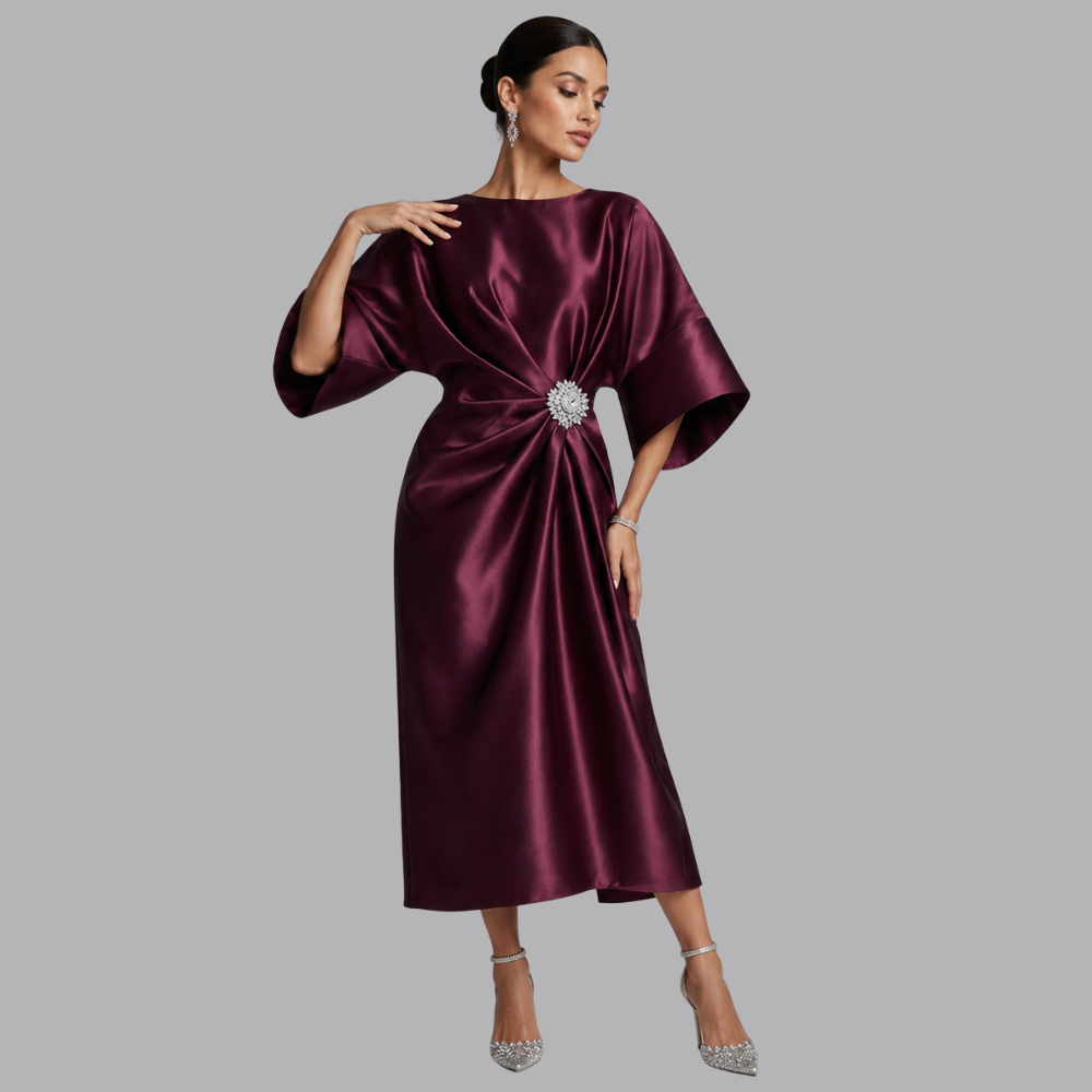 Women’s Satin Midi Dress Batwing Sleeves Embellished Waist Detail