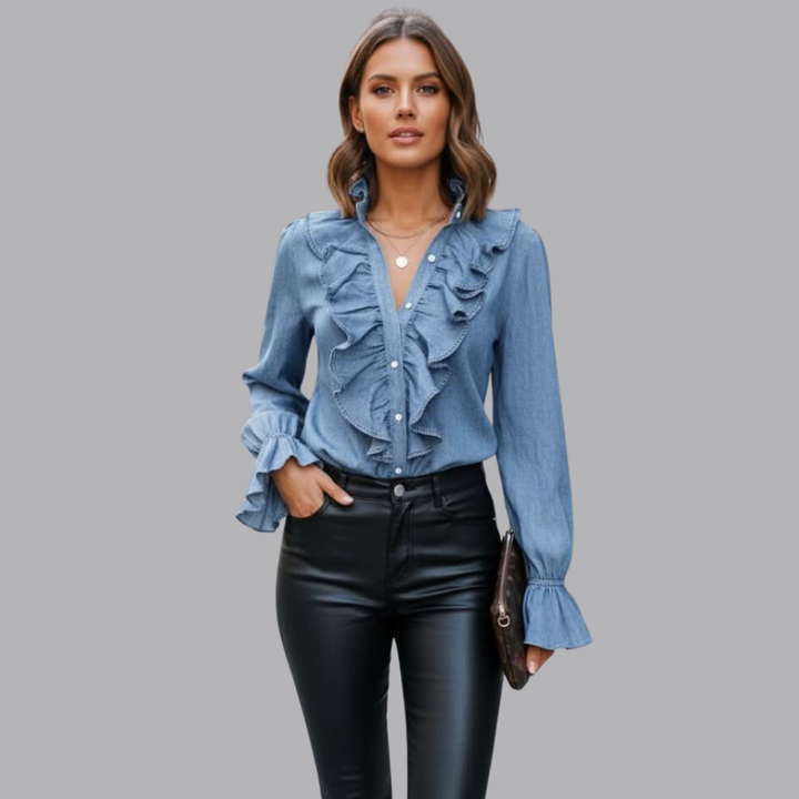 Women’s Pleated Ruffle Blouse Long Sleeve V Neck Top