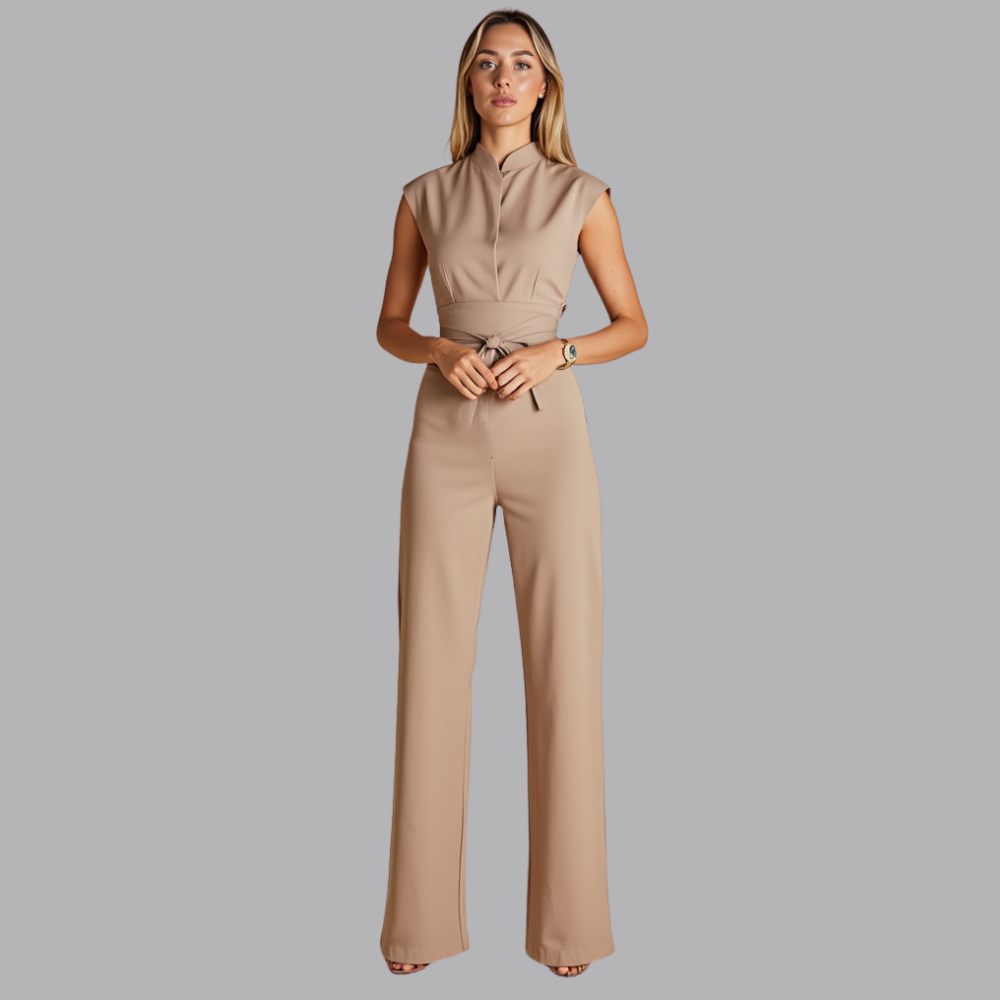 Women’s Sleeveless Jumpsuit High Neck Belted Wide Leg Trousers
