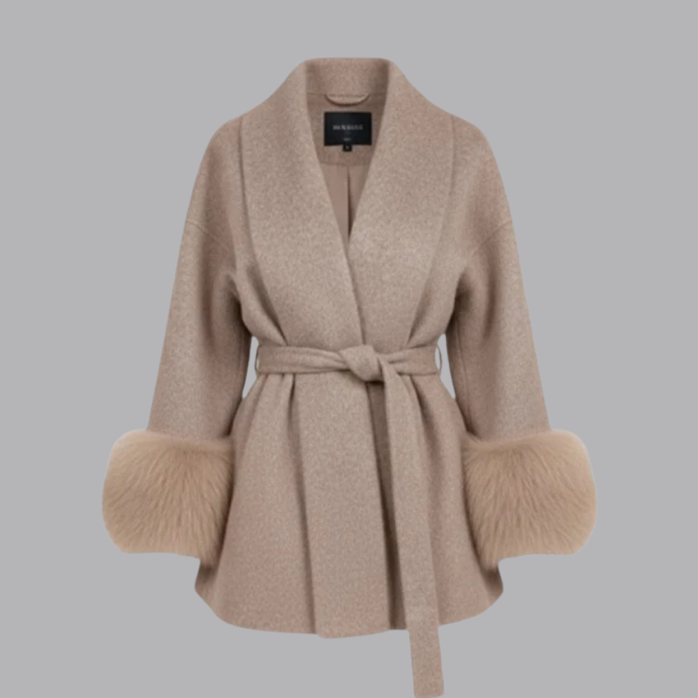 Women’s Belted Winter Coat Long Sleeve Fur Cuffs Outerwear