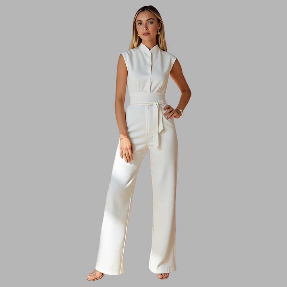 Women’s Sleeveless Jumpsuit High Neck Belted Wide Leg Trousers