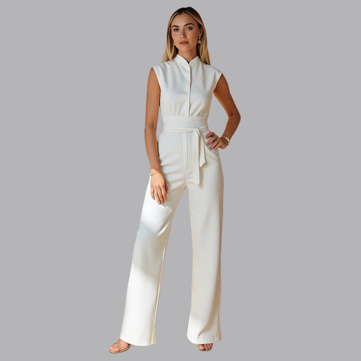 Women’s Sleeveless Jumpsuit High Neck Belted Wide Leg Trousers