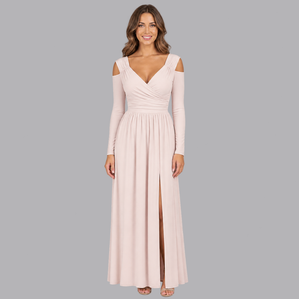 Women’s Elegant Cold Shoulder Formal Maxi Dress Ruched Waist