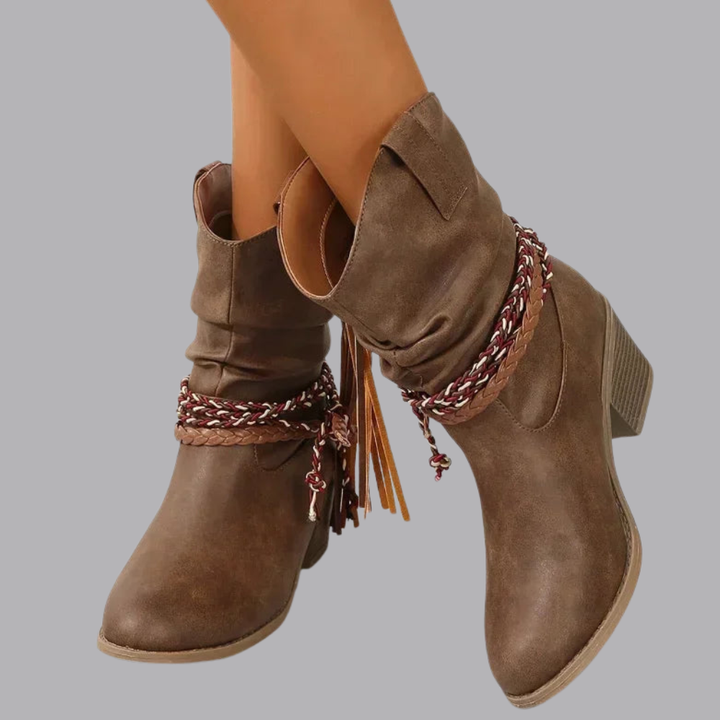 Women’s Slouchy Ankle Boots Chunky Heel Braided Tassel Detail