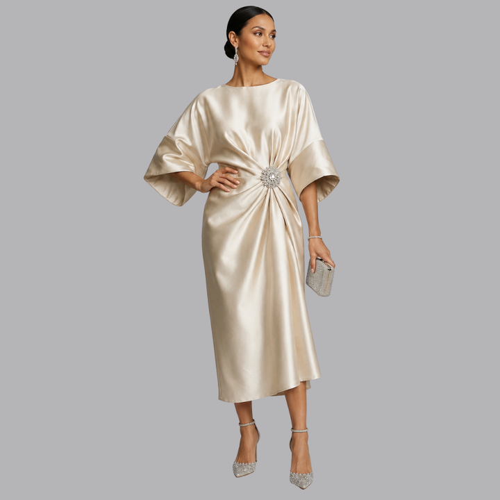 Women’s Satin Midi Dress Batwing Sleeves Embellished Waist Detail