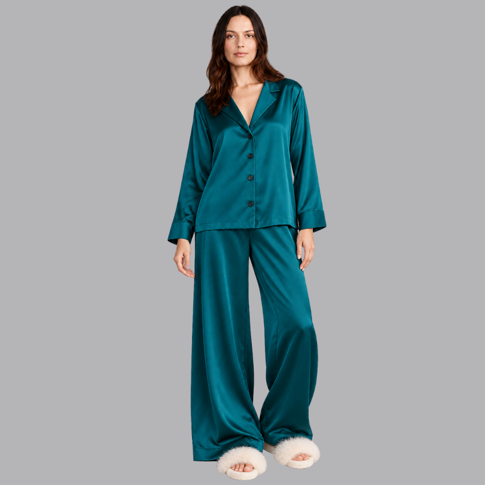 Women’s Satin Pajama Set Long Sleeve Top &amp; Wide Leg Trousers