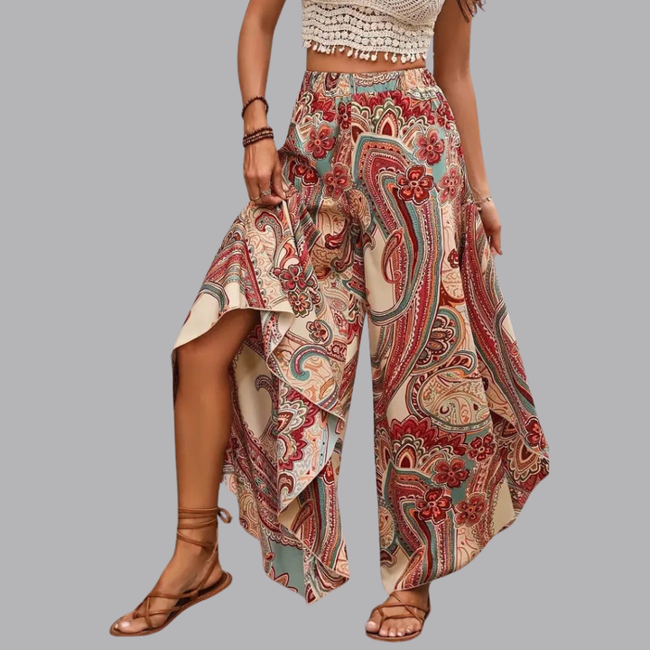 Women’s Paisley Print Wide Leg Trousers High Waist Boho Pants