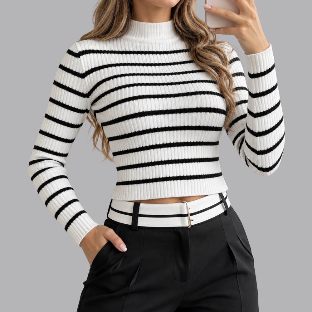 Women’s Striped Knit Co Ord Set High Neck Sweater &amp; Wide Leg Trousers