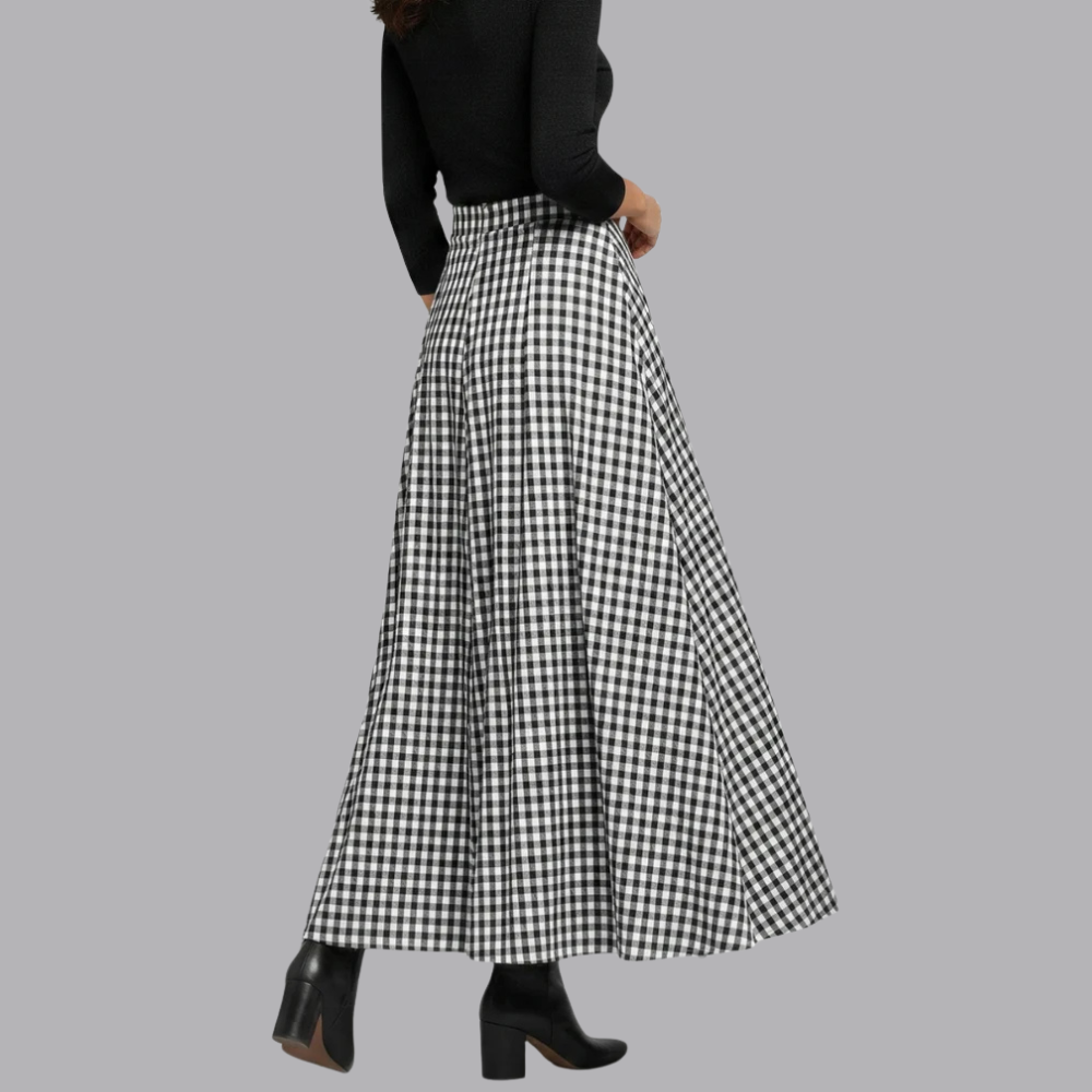 Women’s Checked Maxi Skirt High Waisted Flared Fit