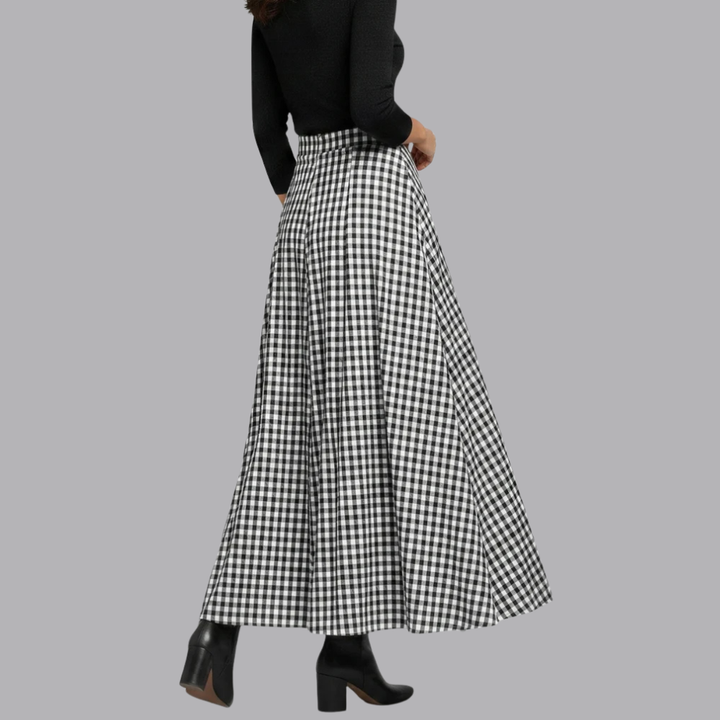 Women’s Checked Maxi Skirt High Waisted Flared Fit