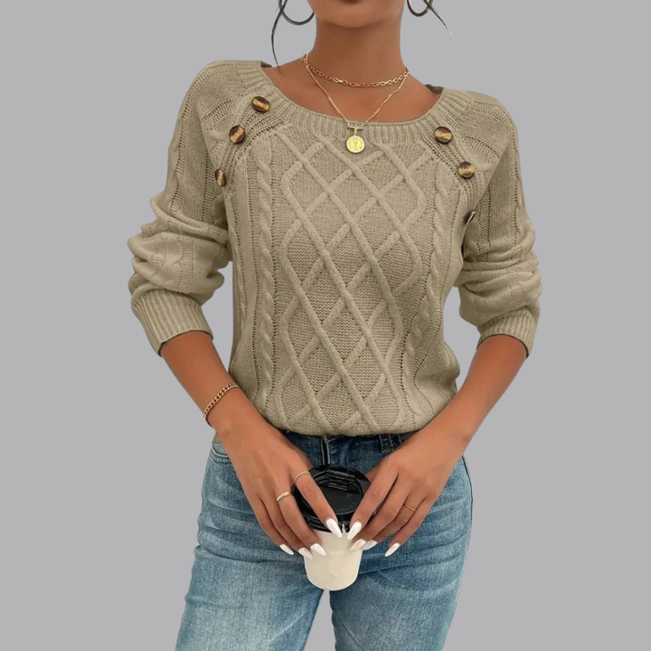 Women’s Cable Knit Jumper Boat Neck Button Detail Sweater