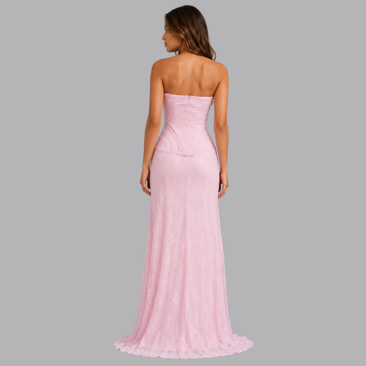 Women’s Strapless Lace Corset Maxi Dress Thigh Split
