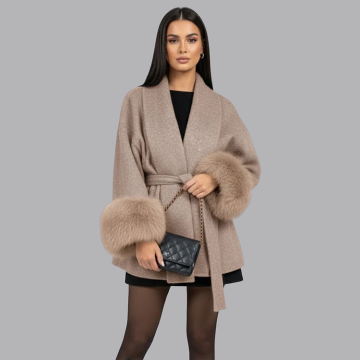 Women’s Belted Winter Coat Long Sleeve Fur Cuffs Outerwear