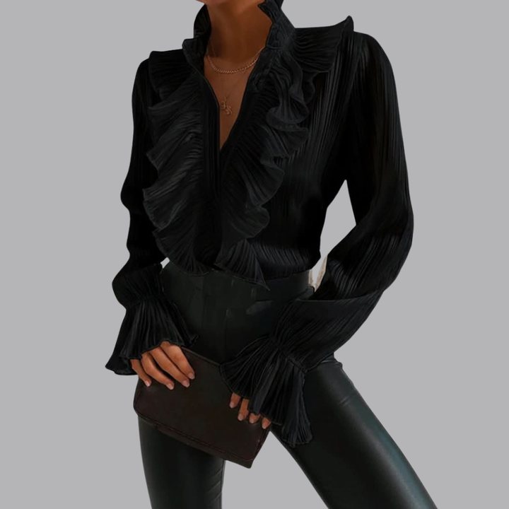 Women’s Pleated Ruffle Blouse Long Sleeve V Neck Top