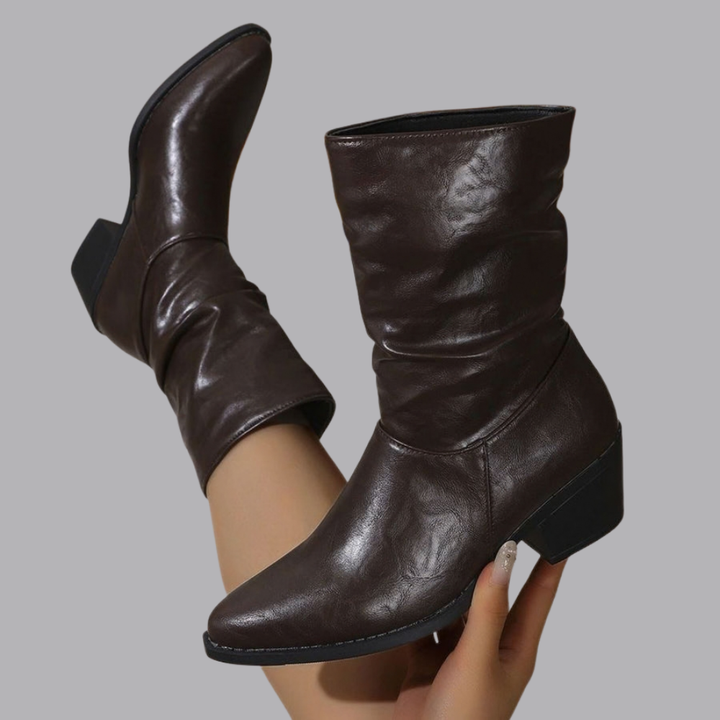 Women’s Slouchy Mid Calf Boots Pointed Toe Low Block Heel