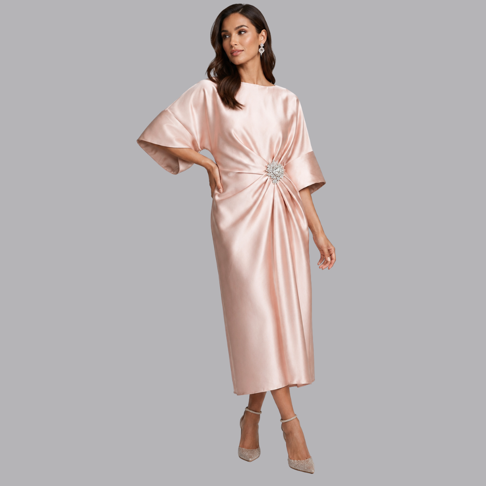 Women’s Satin Midi Dress Batwing Sleeves Embellished Waist Detail