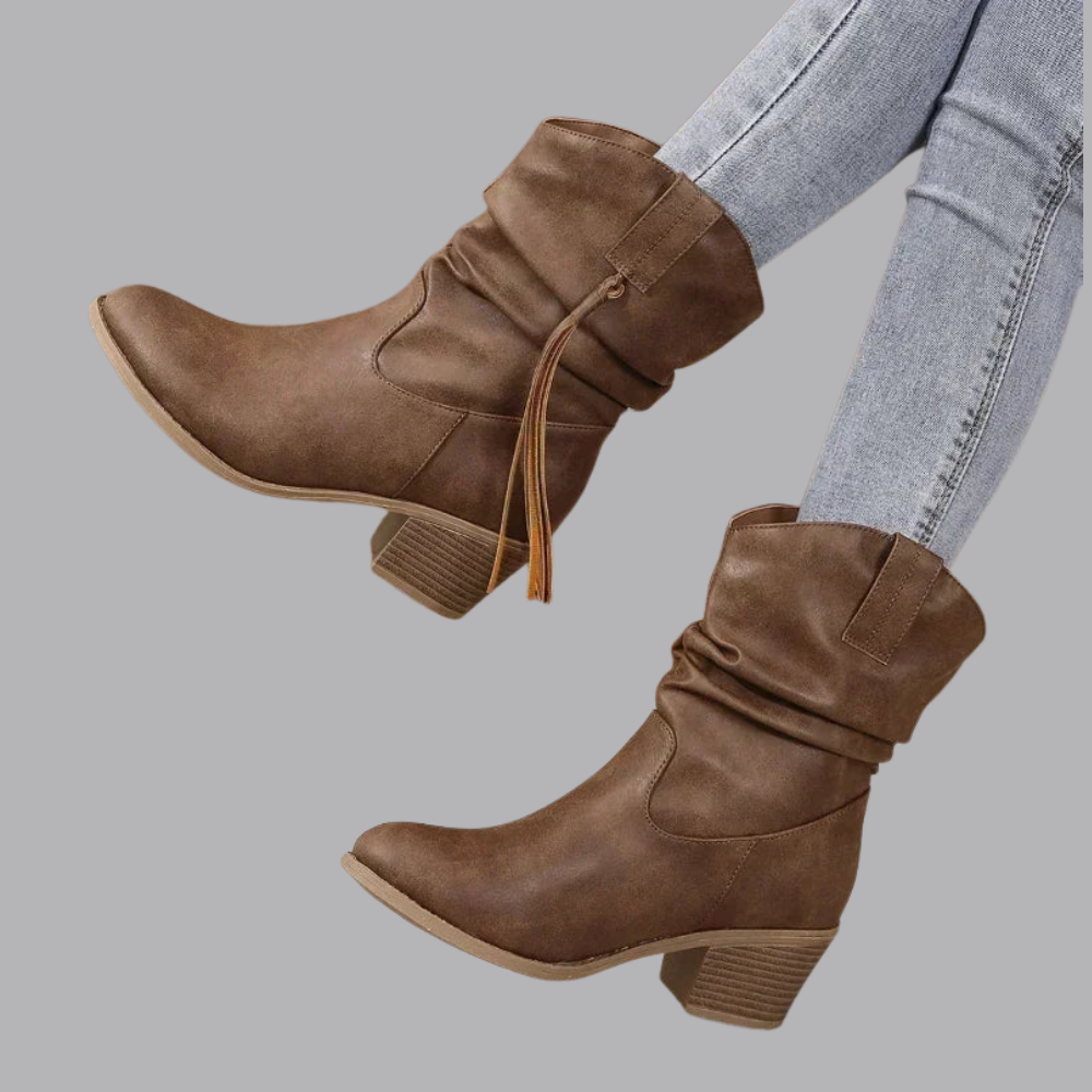 Women’s Slouchy Ankle Boots Chunky Heel Braided Tassel Detail