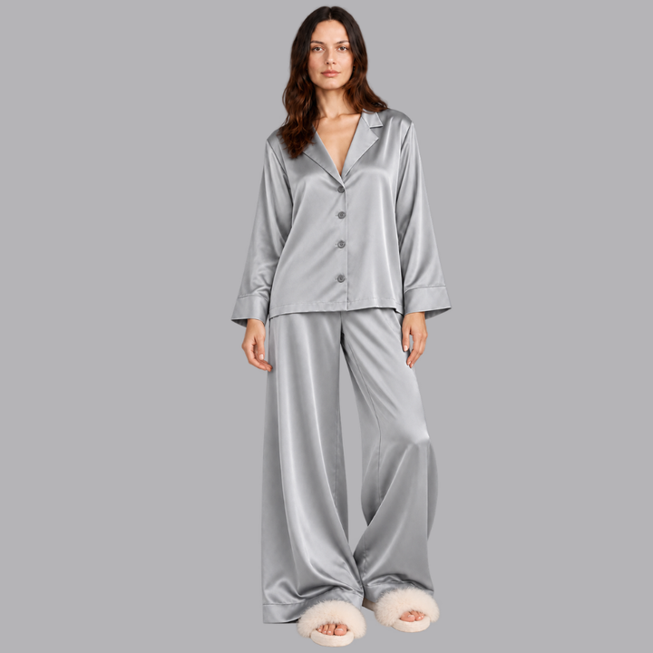 Women’s Satin Pajama Set Long Sleeve Top &amp; Wide Leg Trousers