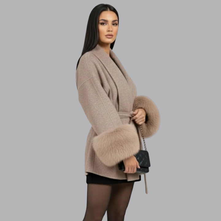 Women’s Belted Winter Coat Long Sleeve Fur Cuffs Outerwear
