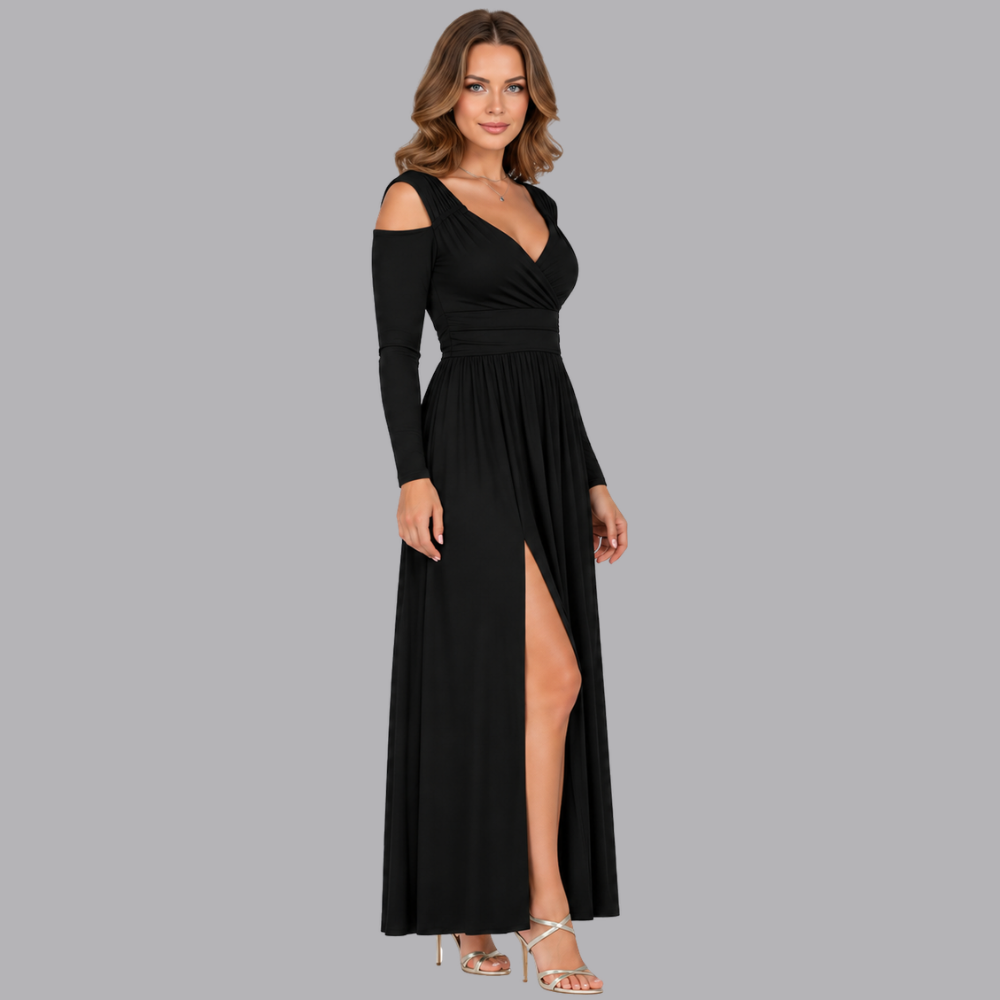 Women’s Elegant Cold Shoulder Formal Maxi Dress Ruched Waist