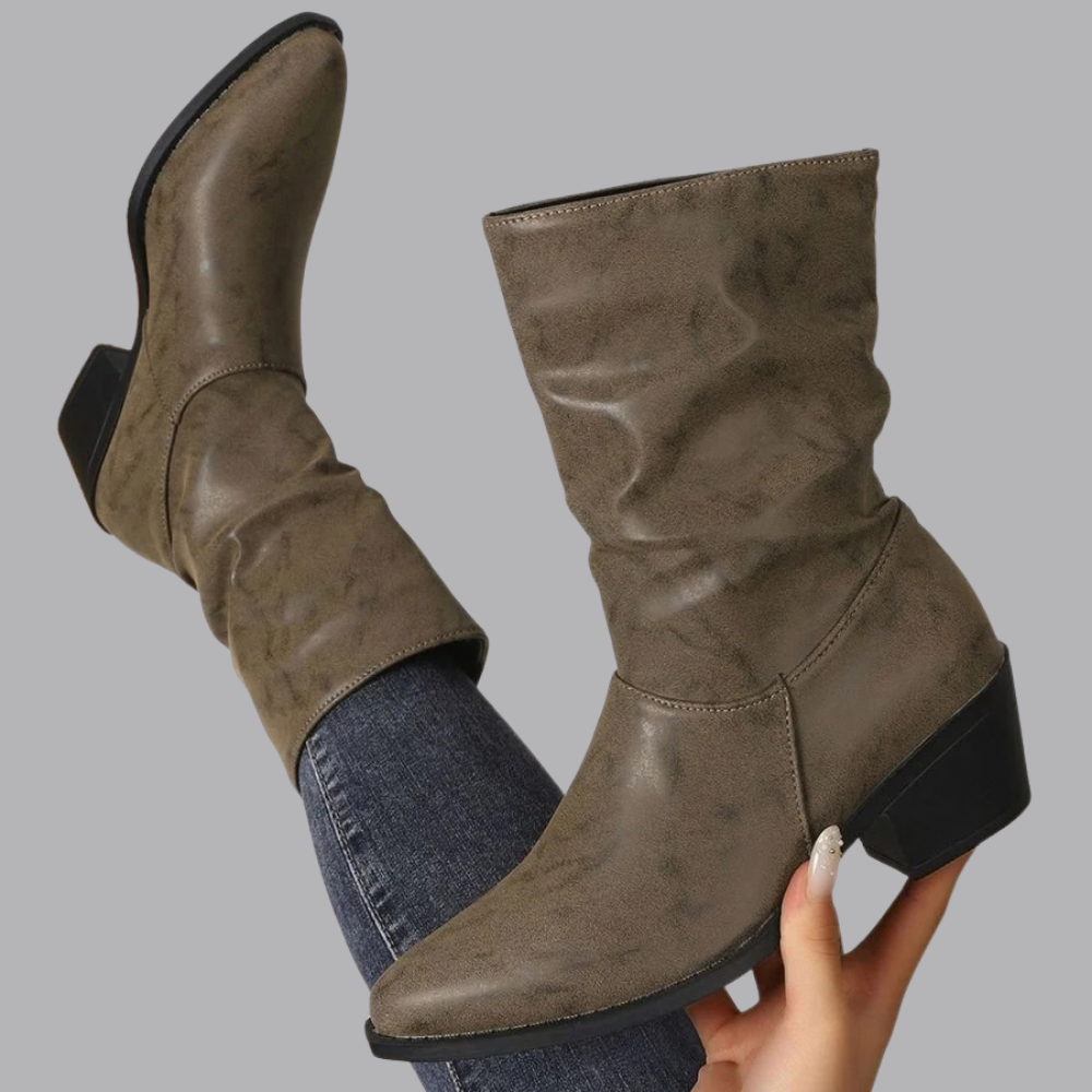 Women’s Slouchy Mid Calf Boots Pointed Toe Low Block Heel