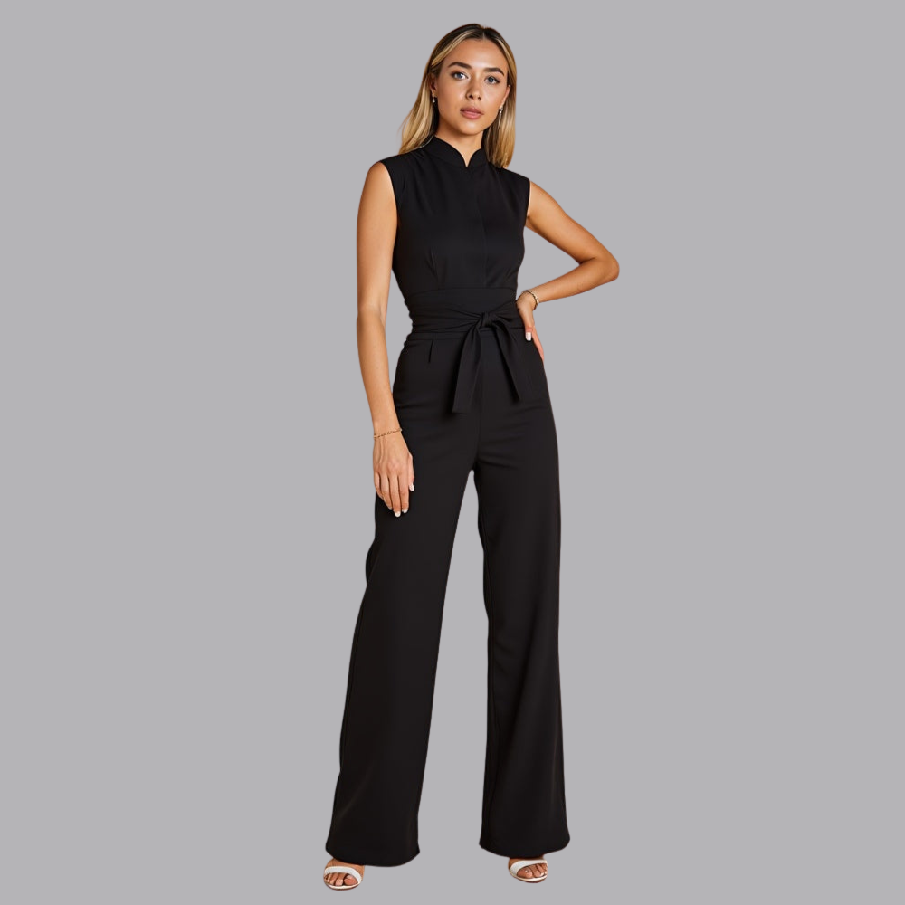 Women’s Sleeveless Jumpsuit High Neck Belted Wide Leg Trousers