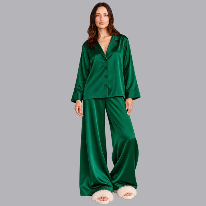 Women’s Satin Pajama Set Long Sleeve Top &amp; Wide Leg Trousers
