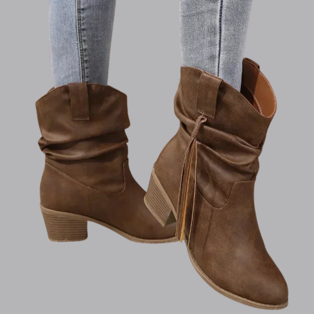 Women’s Slouchy Ankle Boots Chunky Heel Braided Tassel Detail