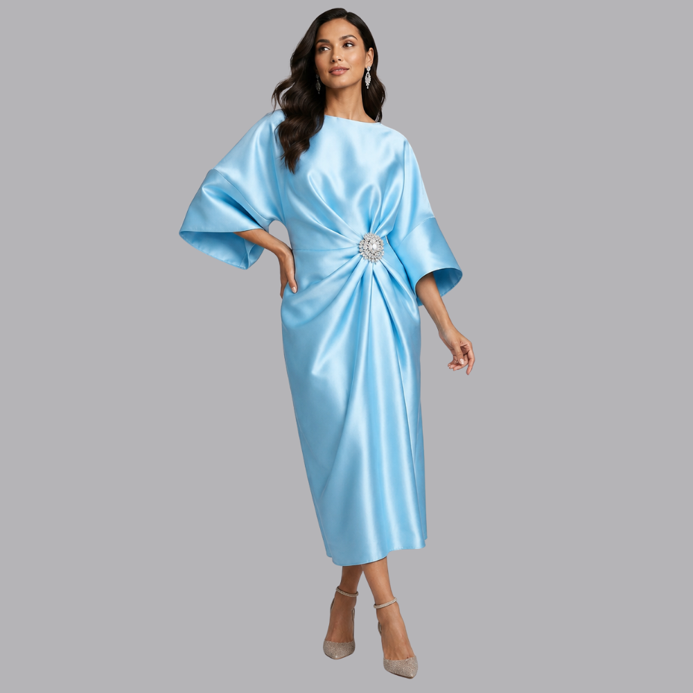 Women’s Satin Midi Dress Batwing Sleeves Embellished Waist Detail