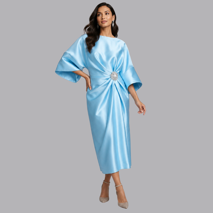 Women’s Satin Midi Dress Batwing Sleeves Embellished Waist Detail